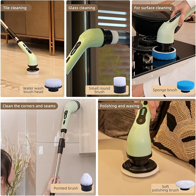 Cordless Electric Spin Scrubber with 9 Replacement Cleaning Heads IPX6 Dual Speed Adjustable Shower Cleaning Brush with Extension Arm for Bathroom (9 Replaceable