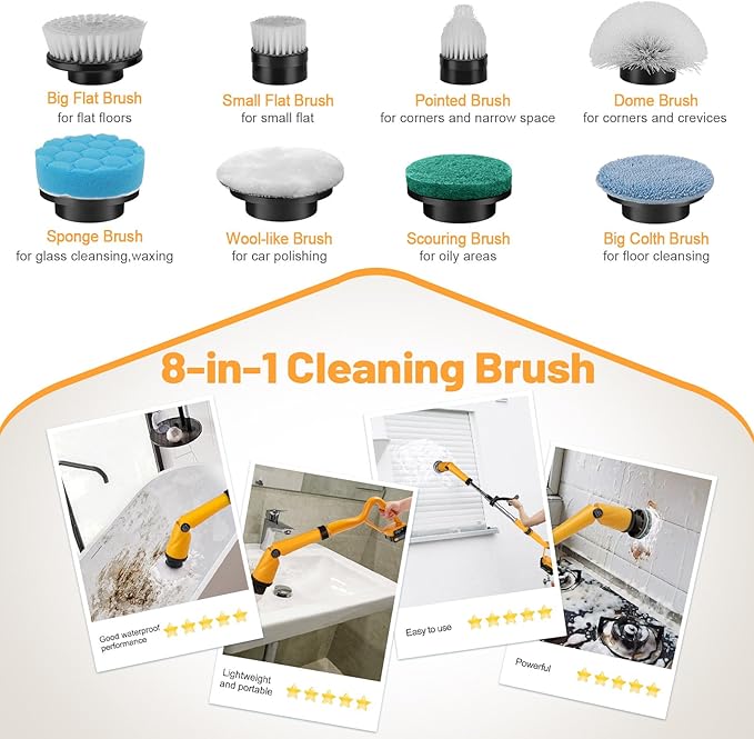 1500 RPM Electric Spin Scrubber for DeWalt 20V Battery Power Shower Scrubber for Bathroom/Floor/Bathtub/Toilet/TileElectric Cleaning Brush with Long Handle &amp 8 Replaceable Brush (Yellow)
