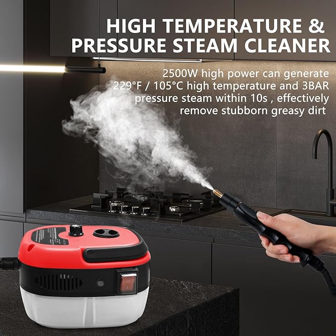 Handheld Steam Cleaner 2500W Pressurized Steam Cleaner with 3 Brush Heads Portable Steam Cleaner for Home Car Furniture Kitchen Bathroom and Wall Red