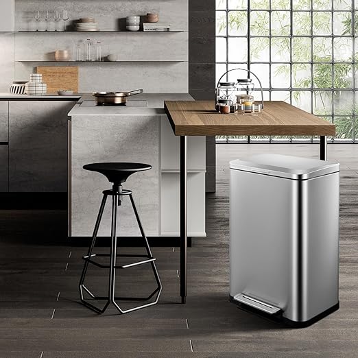 Stainless Steel 50 Liter / 13 Gallon Trash Can Rectangular Steel Pedal Recycle Bin with Lid and Inner Buckets Rectangular Hands-Free Kitchen Garbage Can