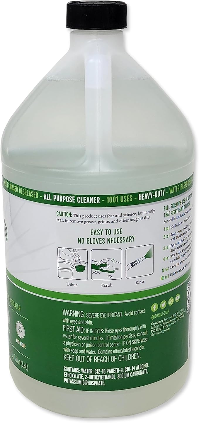 Charlie's Soap 1001 Cleaner - Heavy Duty Biodegradable Concentrated All Purpose Water Based Degreaser (1 Gallon 1 Pack) - Safe Residential Commercial &amp Janitorial Cleaner