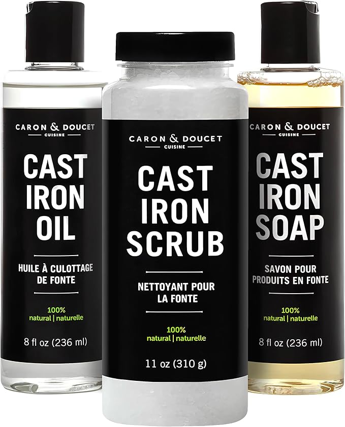 CARON &amp DOUCET - Ultimate Cast Iron Set: Seasoning Oil Cleaning Soap &amp Restoring Scrub | 100% Plant-Based &amp Best for Cleaning Care Washing Restoring &amp Seasoning Skillets Pans &amp