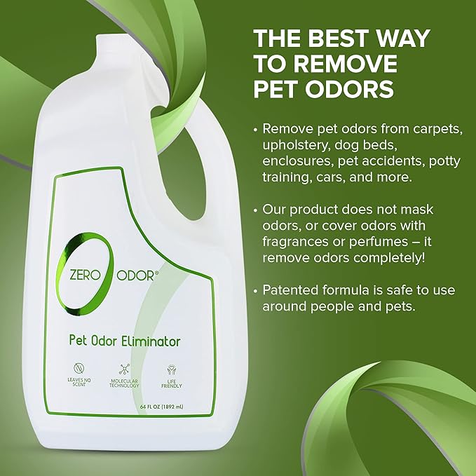 Zero Odor - Pet Odor Eliminator for strong odor Eliminate Air &amp Surface Odors – Patented Molecular Technology Best For Carpet Furniture Beds Smell Great Again 64oz Refill