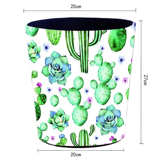 10L/2.64 Gallon PU Leather Trash Can Decorative Waterproof Wastebasket Dustbin Garbage Bin for Home Office Bathroom - Cactus B