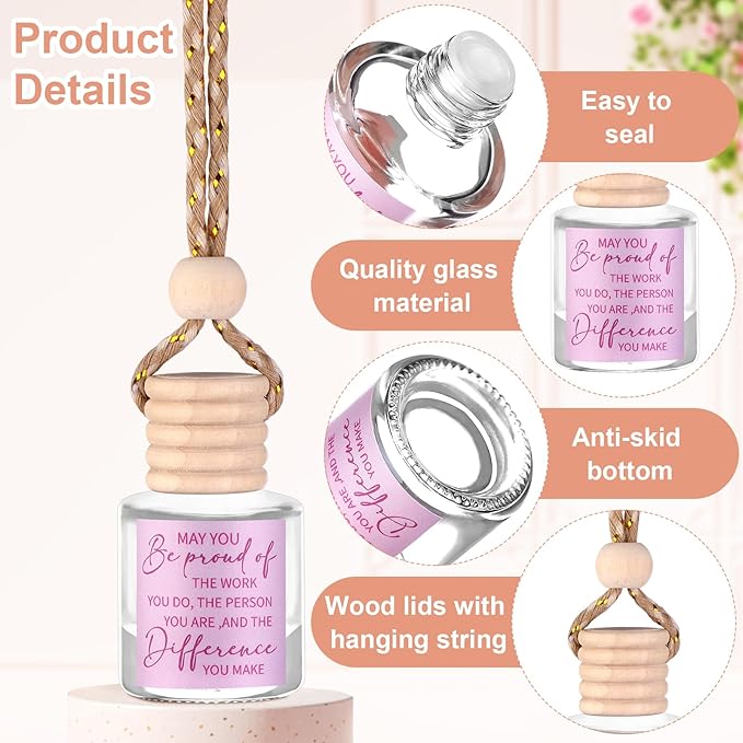 50 Set Employee Appreciation Car Air Freshener Diffuser Gift Inspirational Hanging Car Empty Glass Essential Oil Bottle with DIY Sticker Thank You Gifts for Coworker Teachers Staff (Cylinder)