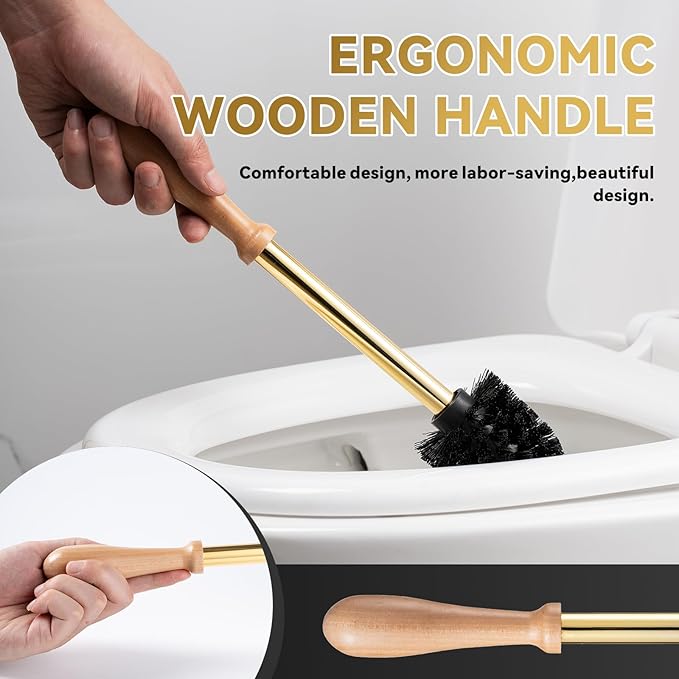Duck Toilet Brush and Holder Set - Ceramic Bathroom Toilet Scrubber Brush Organizer with Wooden &amp Stainless SteelHandle Gold Toilet Brush &amp Cute Duck Design for Bath Decor Storage
