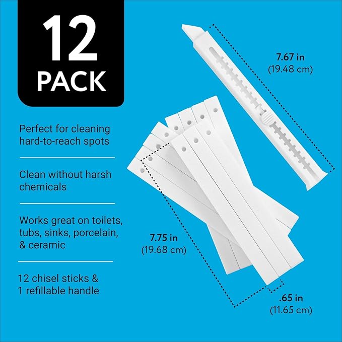 IMPRESA 12 Pack Pumice Chisel Sticks - Secure Refillable Scouring Stick Handle - Thin Cleaning Stone for Tight Spaces - Pumice Stone Toilet Bowl Cleaner &amp Stovetop Cleaner - White &amp Red