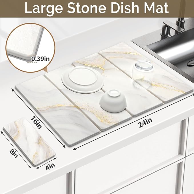 Large Stone Dish Drying Mat for Kitchen Counter 2 PCS Quick Dry Stone Mats Foldable Water Absorbing Diatomaceous Earth Drying Dishes Pad for Countertop Bottle Utensil Cup(Yellow White 24x16&amp8