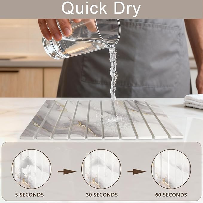 Large Stone Drying Mat for Kitchen Counter 23.3(L)×15.3 (W) Collapsible Dish Drying Mat Eco-Friendly Absorbent Diatomaceous Earth Mat for Dishes Bottles Cups Match Any Countertop (White Gold)
