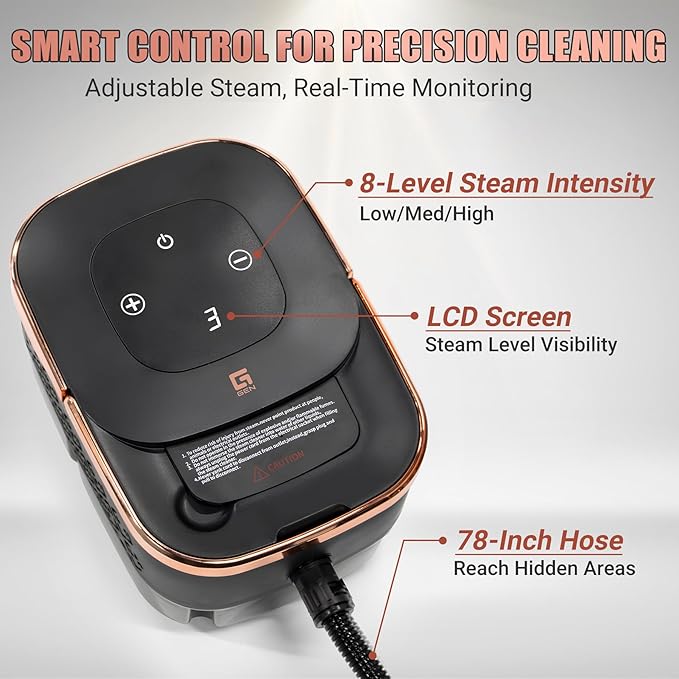 2500W Handheld Steam Cleaner10 Accessories with 8 Adjustable Pressures for Tile/Grease/Carpet 45oz Large Tank Chemical Free Cleaning Portable Multi-Surface Steamer for Home Cars Kitchens(Gold)