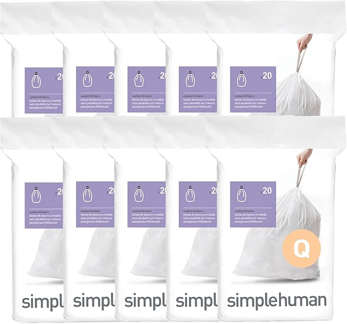 simplehuman Code Q 200 Count Dispenser Pack Custom Fit Liners Drawstring Trash Bags 50-65 Liter / 13-17 Gallon White