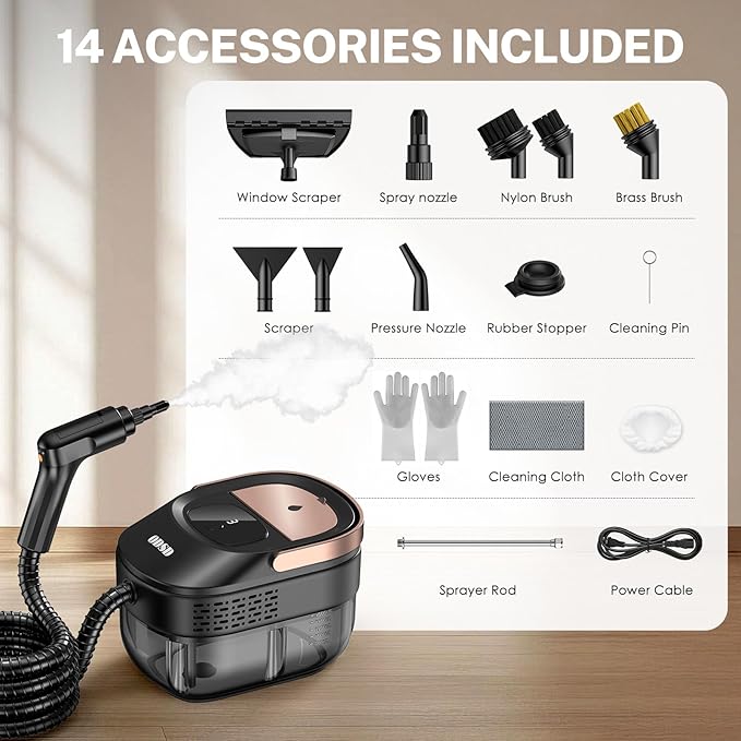 ODSD Steam Cleaner for Home &amp Car 3-Level Adjustable Steamer for Cleaning 15s Heat-Up &amp 1.6L Large Tank Handheld Steam Cleaner for Car Detailing Home Tile GroutFurniture with 15pcs Acce