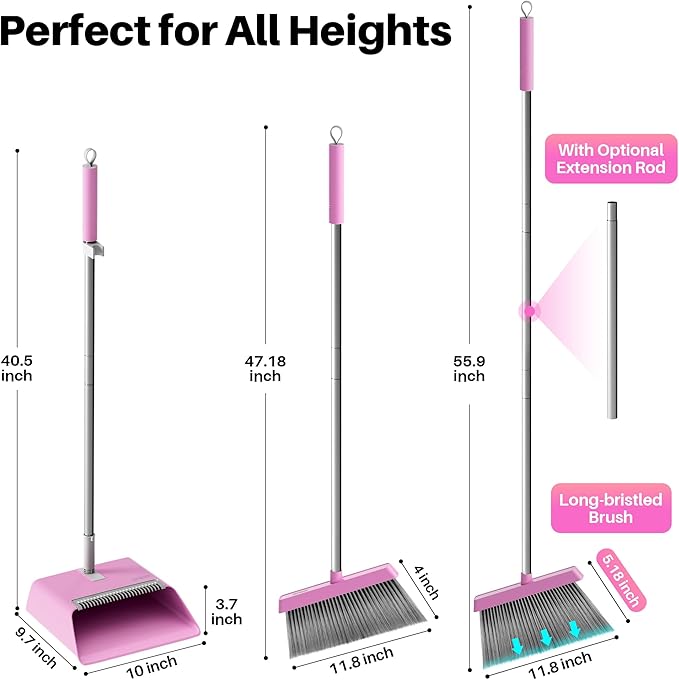 JOYMOOP Pink Broom and Dustpan Set with 56” Handle Upright Angle with Built-in Comb Teeth for Hardwood Floors and Pet Hair