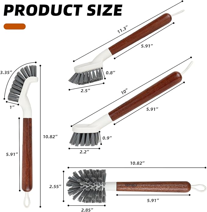 4-Pack Heavy Duty Scrub Brushes with 11 Sapele Wood Handle – PBT Bristles &amp TPR Loop – Kitchen Bathroom Grout Dish &amp Tile Cleaner – Durable Non-Slip Multi-Surface Cleaning Brush Set