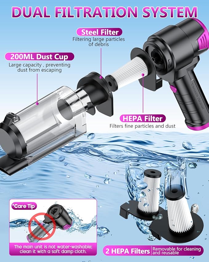 EYYA Handheld Vacuum Cordless 16KPA High Power Portable Car Vacuum Cleaner &amp Air Duster Hand Held Vacuum Cordless Rechargeable with Multi-Nozzles &amp 2 HEPA Filters for Car Home Office