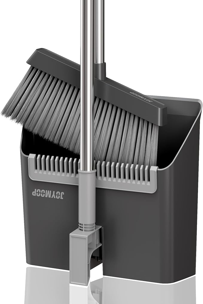 JOYMOOP Black Broom and Dustpan Set Upright Angle Design with Built-in Comb Teeth for Home Office Hardwood Floors Pet Hair