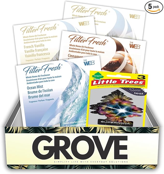 2x Web FilterFresh French Vanilla Ocean Mist and Cinnamon Scent Air Fresheners 0.8 oz Gel Bundle with Car Air Freshener – Attaches to HVAC Filters for Whole Home and Car Use – Gift Set (5 Items)