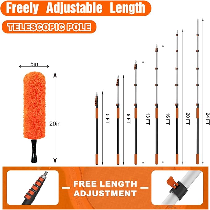 30FT Reach High Ceiling Duster Kit Window Cleaning kit with 5-24FT Extension Pole Fan Duster for Ceiling Fan Blades Microfiber Feather Duster Window Squeegee Bucket and Cobweb Duster