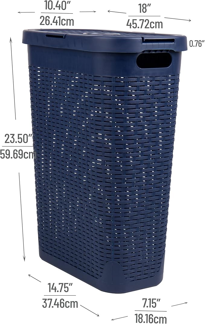 Mind Reader Slim Laundry Hamper with Lid 40L Clothes Basket Narrow Tapered Design with Ventilated Cutout Pattern Plastic Navy