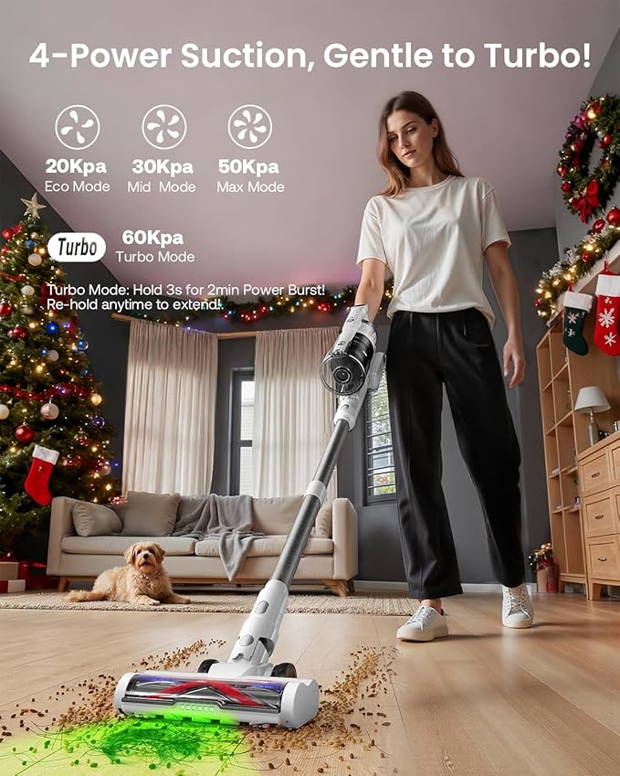 Cordless Vacuum Cleaner for Home Upgraded 60Kpa Powerful Suction Pet Hair Vacuum with 70min Runtime Green LED Light for Hardwood Floors &amp Carpet Self-Standing Rechargeable Stick Vacuum Off-whi