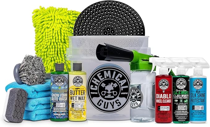 Chemical Guys Car Wash Kit 14-Pc Arsenal Builder - with Foam Blaster Wash Bucket Towels Applicators and 16 oz Soaps Waxes and Cleaners - Complete Car Detailing Gift Set Works with Garden Hose