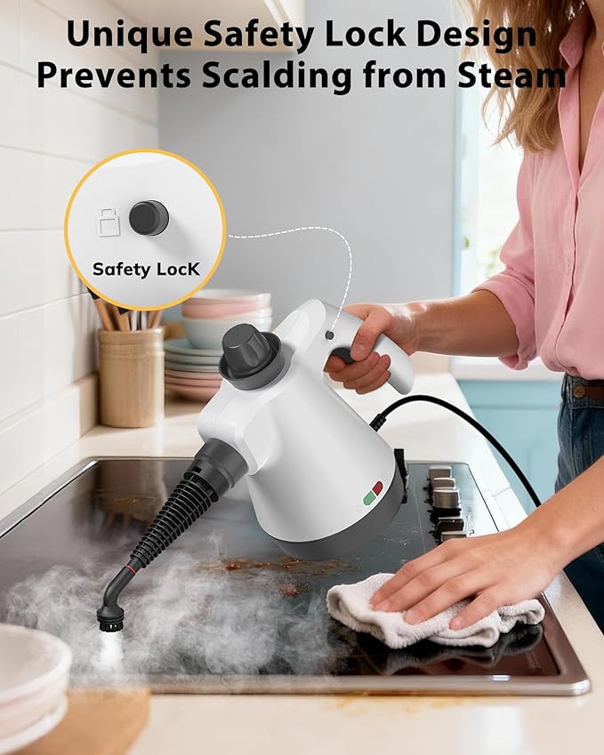 Steam Cleaner Pressurized Handheld Steam Cleaner for Home with 12pcs Accessories &amp Safety Lock Multi-Surface Powerful Natural Steamer for Deep Cleaning Grout Kitchen Bathroom Car Windows Wh