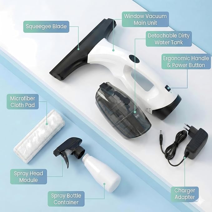 Electric Window Vacuum Squeegee 2200mAh &amp 2000Pa Cordless Window Cleaner Tool with 150ml Water Collection Tank Window Cleaning Kit for Shower Glass Car Door Mirror Home