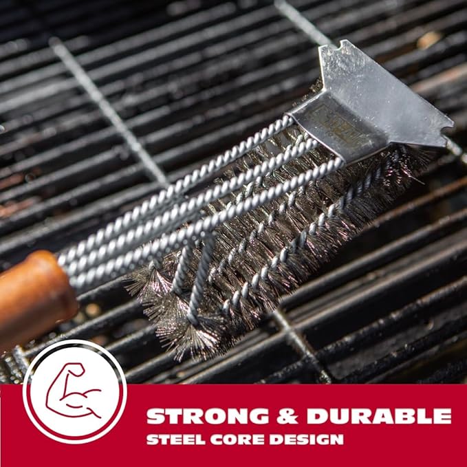 BBQ-AID All Angles BBQ Grill Brush for Outdoor Grill – Cleans All Angles Large Wooden Handle and Stainless Steel Bristles - BBQ Brush for Grill Cleaning – Grill Cleaner Brush Safe for BBQ and Grill