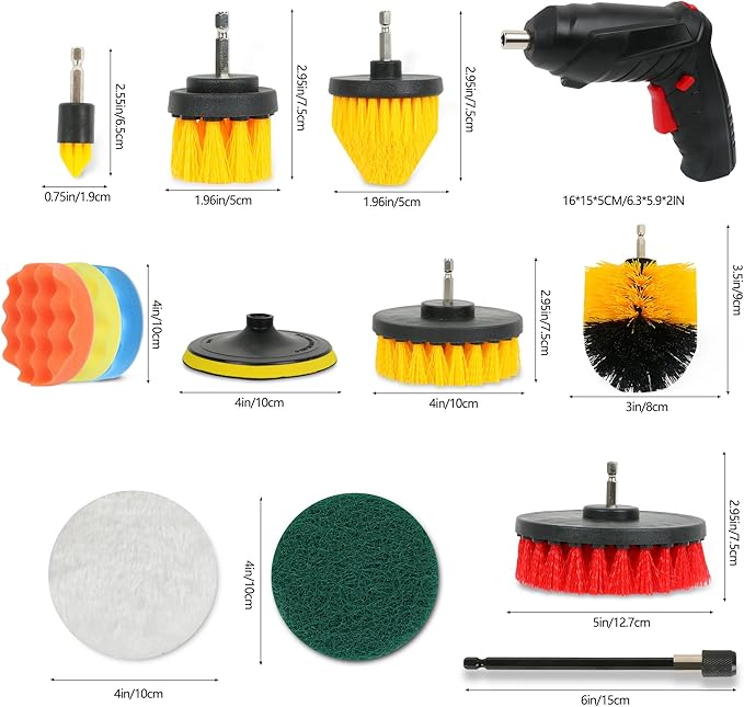 55pcs Drill Brush Attachment Set - Cleaning Scrubber Brush Kit with Cordless Screwdriver Wear-Resistant Extend Long Attachment Scouring Pads Sponge Polishing Pads for House Car BBQ