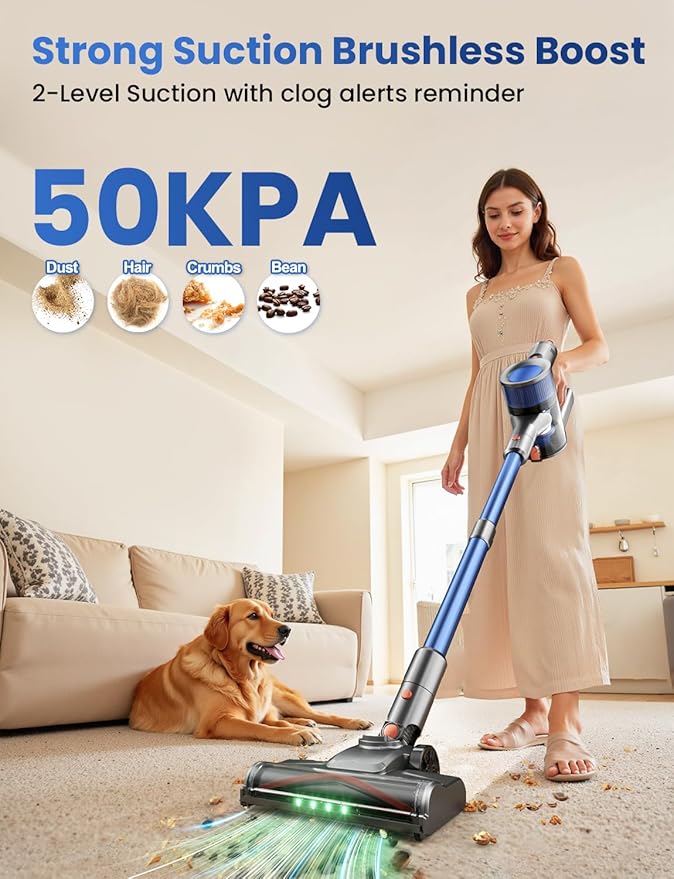 Dzaki Cordless Vacuum Cleaner Stick Vacuum with Smart LED Display 50KPA 55Mins Vacuum Cleaners for Home Powerful Suction Anti-Tangled Lightweight Rechargeable Vac for Pet Hair Carpet