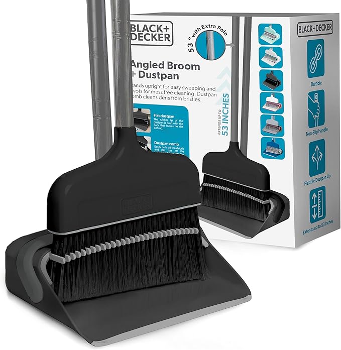 BLACK+DECKER Butler Broom &amp Dustpan Set - Stand-Up Design - Lightweight Space-Saving Combo for Kitchen Living Room Bathroom Lobby Floors - Home Cleaning Essential Black/Grey