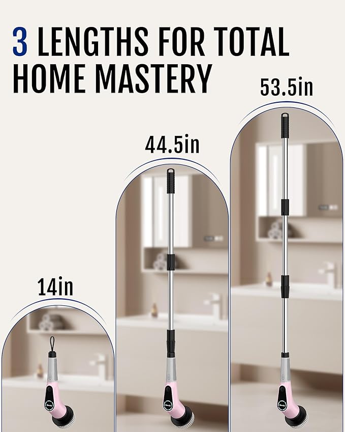 Dovety Electric Spin Scrubber Cordless Cleaning Brush Shower Scrubber with 8 Replaceable Brush Head Power Cleaning Brush with Extension Handle 2 Adjustable Speed for Bathtub Grout Tile Floor