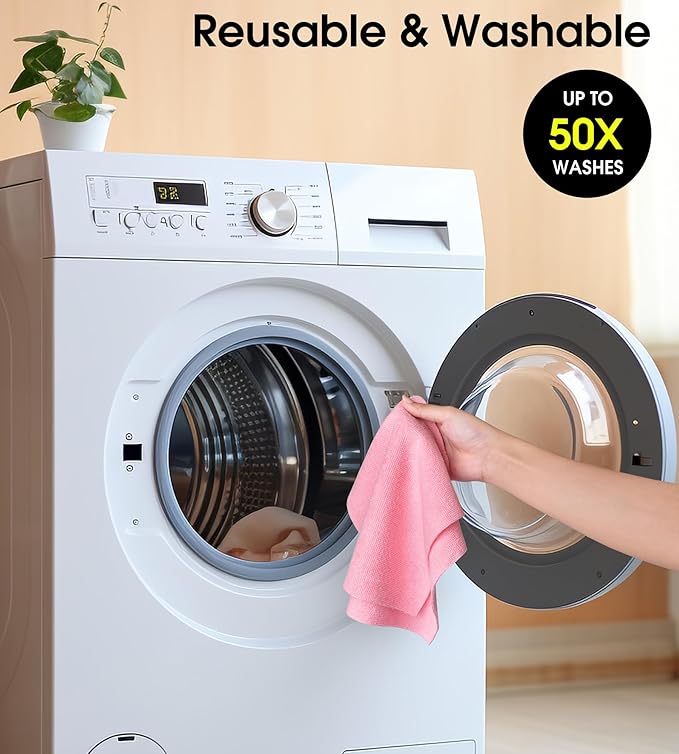 KitchLife Microfiber Cleaning Cloth Roll 100 Pack - Tear-Away Microfiber Paper Towels Lint-Free Reusable Washable for Kitchen Car Dishes and Sensitive Surfaces (Pink)