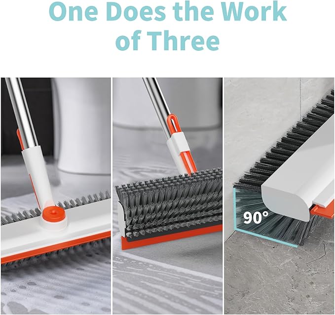 AIR U+ Floor Scrub Brush with Long Handle 3 in 1 Scrape and Heavy-Duty Stiff Bristle Scrubber Brush for Cleaning Shower Bathroom Patio Pool Garage Kitchen Wall and Deck White and Orange
