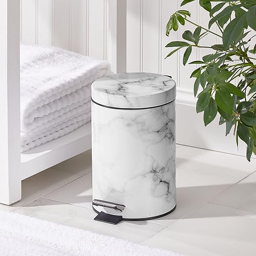 mDesign Extra Small Modern 3-Liter/.7 Gallon Round Metal Lidded Step Trash Can Compact Garbage Bin with Removable Liner Bucket and Handle for Bathroom Kitchen Office Garage - White Marble Print