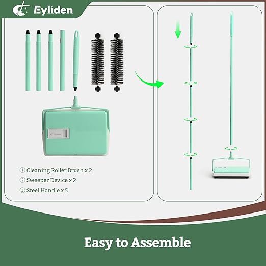 Eyliden X-Large Carpet Sweeper - Quiet Manual Sweeper for Carpets &amp Rugs | 1 Extra Refill Roller Brush | Non-Electric Hand Push Quietly Cleans Debris and Messes Restaurant Roller Broom Mint