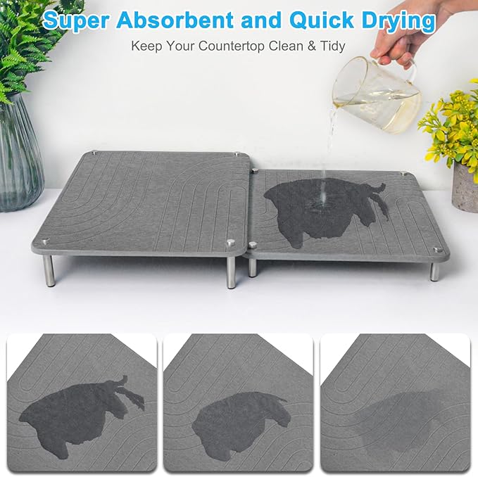 3Pcs Nesting Stone Drying Mat for Kitchen Counter Quick Drying Stone Dish Drying Mat with Non-Slip Feet Super Absorbent Heat Resistant Diatomaceous Earth Dish Drying Mat for Dishes Bottles-Wave