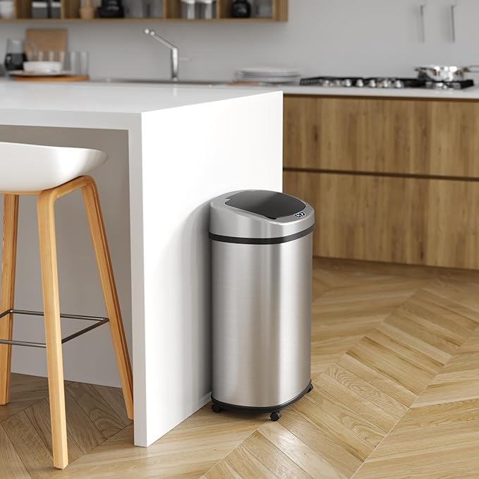 iTouchless 13 Gallon Sensor Trash Can on Wheels with Odor Filter 50 Liter Automatic Kitchen Garbage Bin Oval Fingerprint-Proof Stainless Steel Hands-Free Motion Lid Brushed Silver