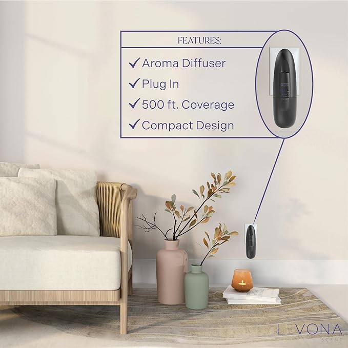 Levona Scent Essential Oil Diffuser - Plug In Air Freshener for Home Household Supplies &amp Hotel Waterless Diffuser &amp Nebulizer 500 sqft - Abela 100 Matte Black (Button Control 120ml Oil I