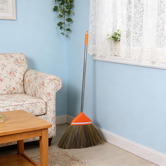 Natural Broom for Sweeping Indoor Outdoor - 41.7 Long Hand Handle Broom - Vietnam Handmade Straw Soft Design for Home Kitchen Garage Bedroom