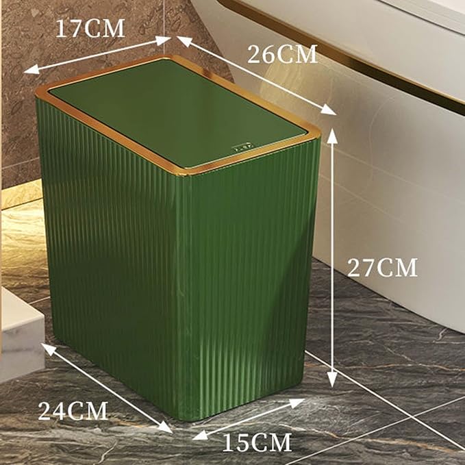 12L Slim Trash Can with Press Lid Green Wastebasket for Bathroom Kitchen Bedroom