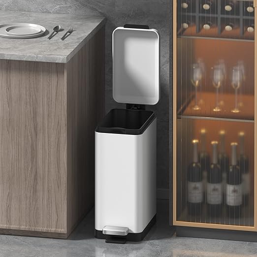 Mbillion Bathroom Trash Can with Lid Slim Stainless Steel Small Bathroom Garbage Can 10 Liter 2.6 Gallon Soft Close Step Pedal Slim Wastebasket for Toilet Office Bedroom White