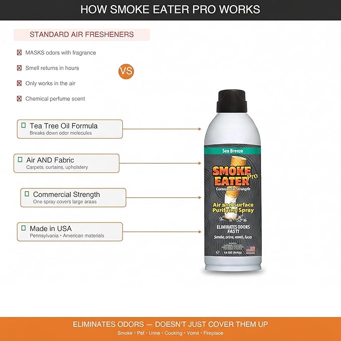 Smoke Eater Pro 16 oz Odor Eliminator Spray — Commercial Strength for Smoke Pet Urine and Cooking Odors — Air and Fabric Deodorizer with Tea Tree Oil — Made in USA (Sea Breeze)
