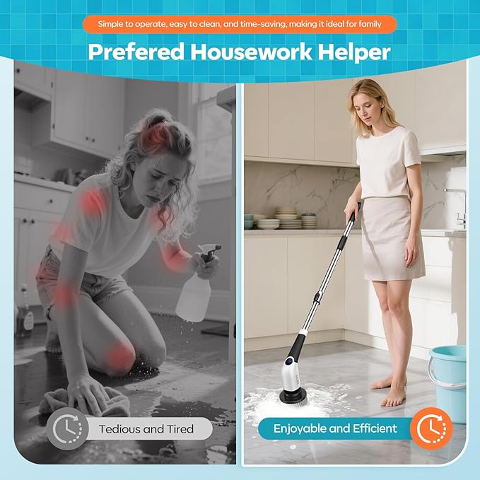 YKYI Electric Spin Scrubber-Cordless Power Scrubber with 8 Brush Heads 3 Speeds &amp Adjustable Long Handle IPX7 Waterproof Shower Cleaning Brush for Bathroom Tile Bathtub Grout Kitchen(Matte Wh