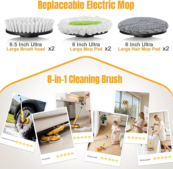 Cordless Electric Mop for Dewalt 20V Battery (NO Battery) 2 in 1 Spin Mop &amp Electric Floor Scrubber Machine with LED Light &amp Water Spray 800 RPM Rotating Electric Mops for Floor Cleaning (Ye