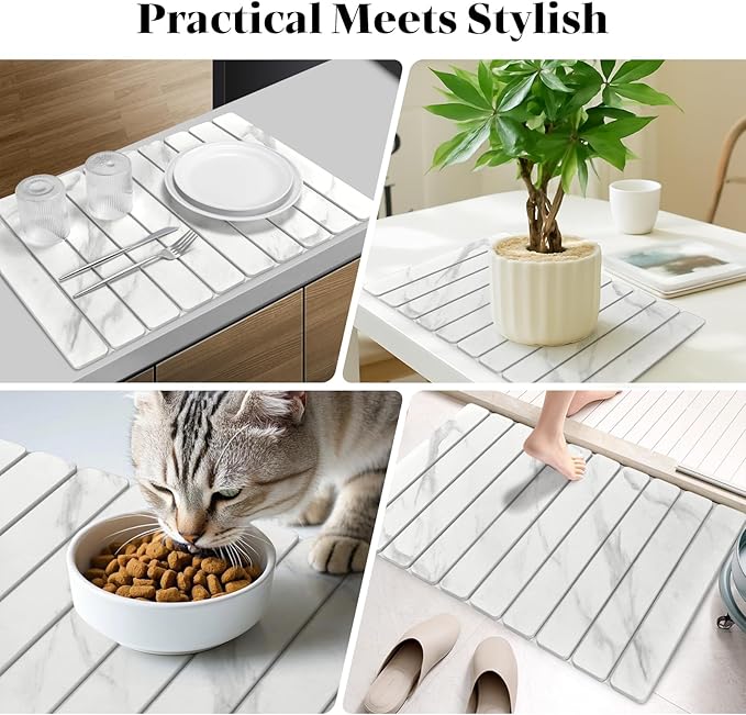 Large Stone Dish Drying Mats for Kitchen Counter 24(L)×16(W) Marble-Pattern Fast Drying Collapsible Dish Drying Mat Eco-Friendly Absorbent Diatomaceous Earth Mats for Match Countertop