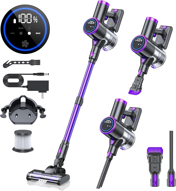 Cordless Vacuum Cleaner Stick Vacuum with LED Display 2 Modes 6 in 1 Lightweight Rechargeable Cordless Stick Vacuum with 40Min Detachable Battery Vacuum Cleaner for Home Hard Floor Carpet