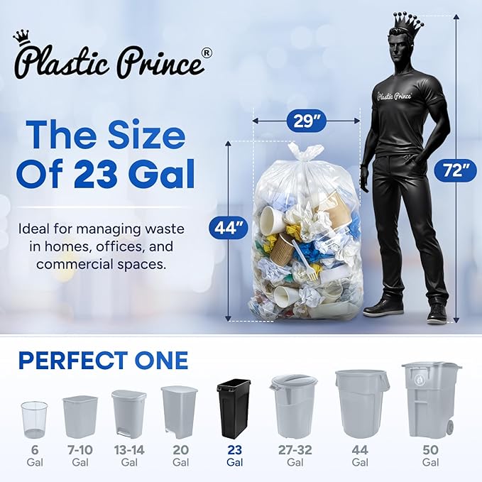 23 Gallon Trash Bags 1 Mil Clear Waste Bags Fits Slim Jim 23 Gal Trash Cans 29 x 44 Tall Garbage Trash Can Liners 200 Pack