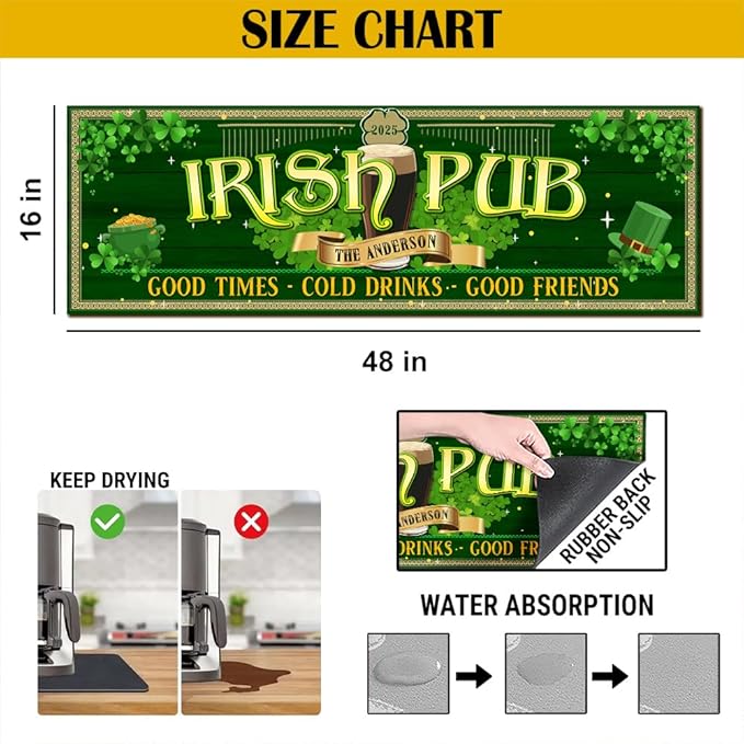 THUYPT Personalized Irish Bar Mat St Patrick's Day Decorations Kitchen Counter Irish Bar Dish Drying Mat Patrick's Lucky Shamrock Quick Drying Spill Mats (01)