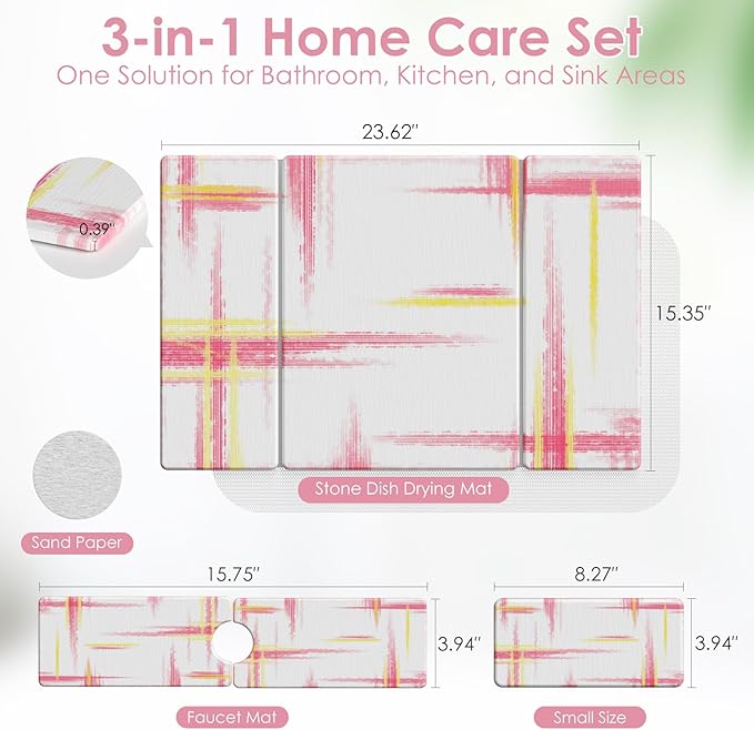 3 PCS Large Stone Dish Drying Mat for Kitchen Counter -24x16 Absorbent Diatomaceous Earth Mat with Stone Faucet Mat &amp Soap Tray - Quick Dry Collapsible Non-Slip Countertop Organizer